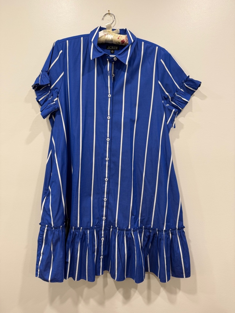J. Crew Amelia Royal Blue and White Striped Ruffle Hem Shirtdress - Picture 2 of 7